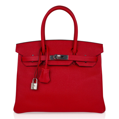 Vivid Saturated Scarlet Fine Compact Grain Medium Rigid Hand Tote With Sleek Silvery Twist Lock Hardware And Coordinating Scarlet Suspended Metal Padlock Charm