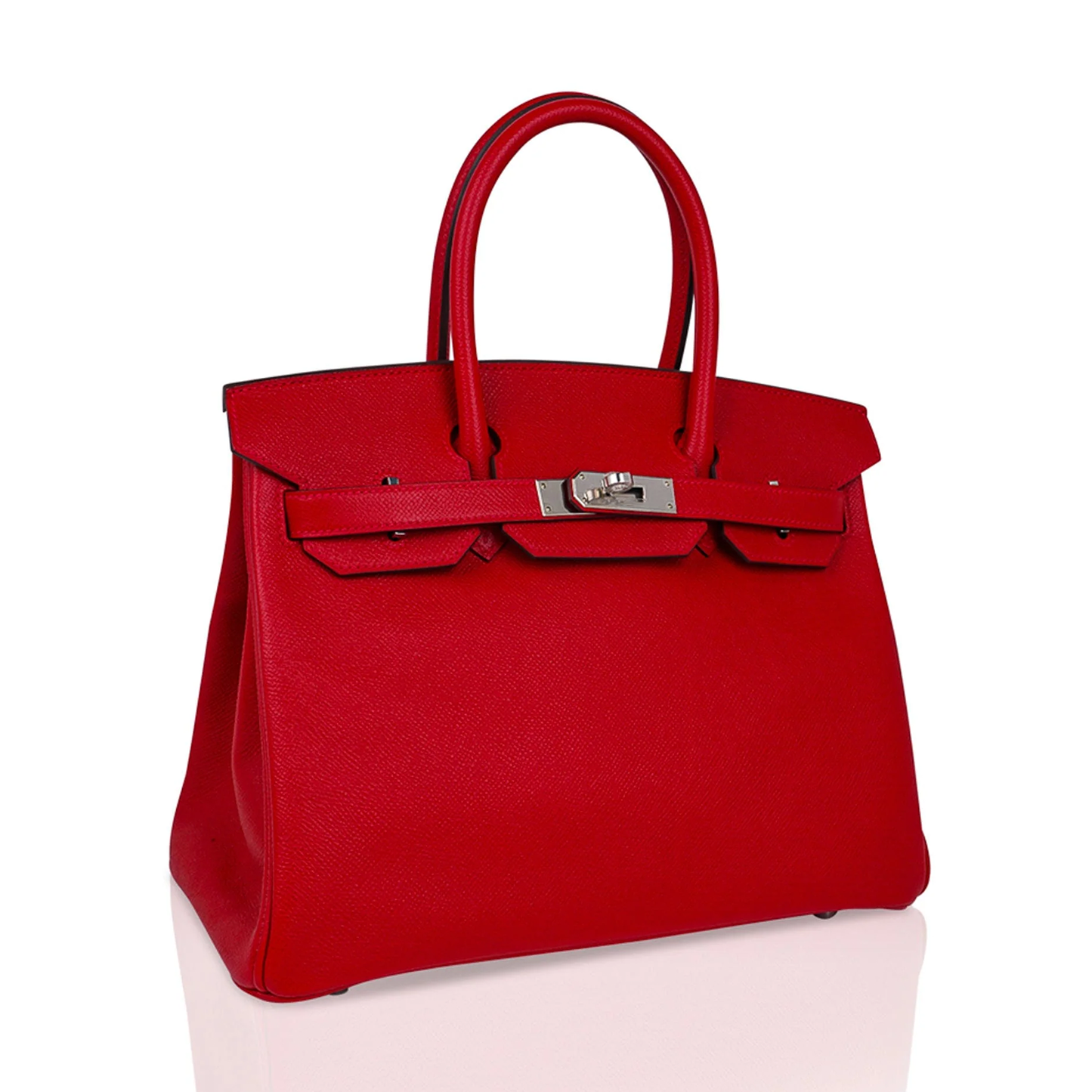 Vivid Saturated Scarlet Fine Compact Grain Medium Rigid Hand Tote With Sleek Silvery Twist Lock Hardware And Coordinating Scarlet Suspended Metal Padlock Charm