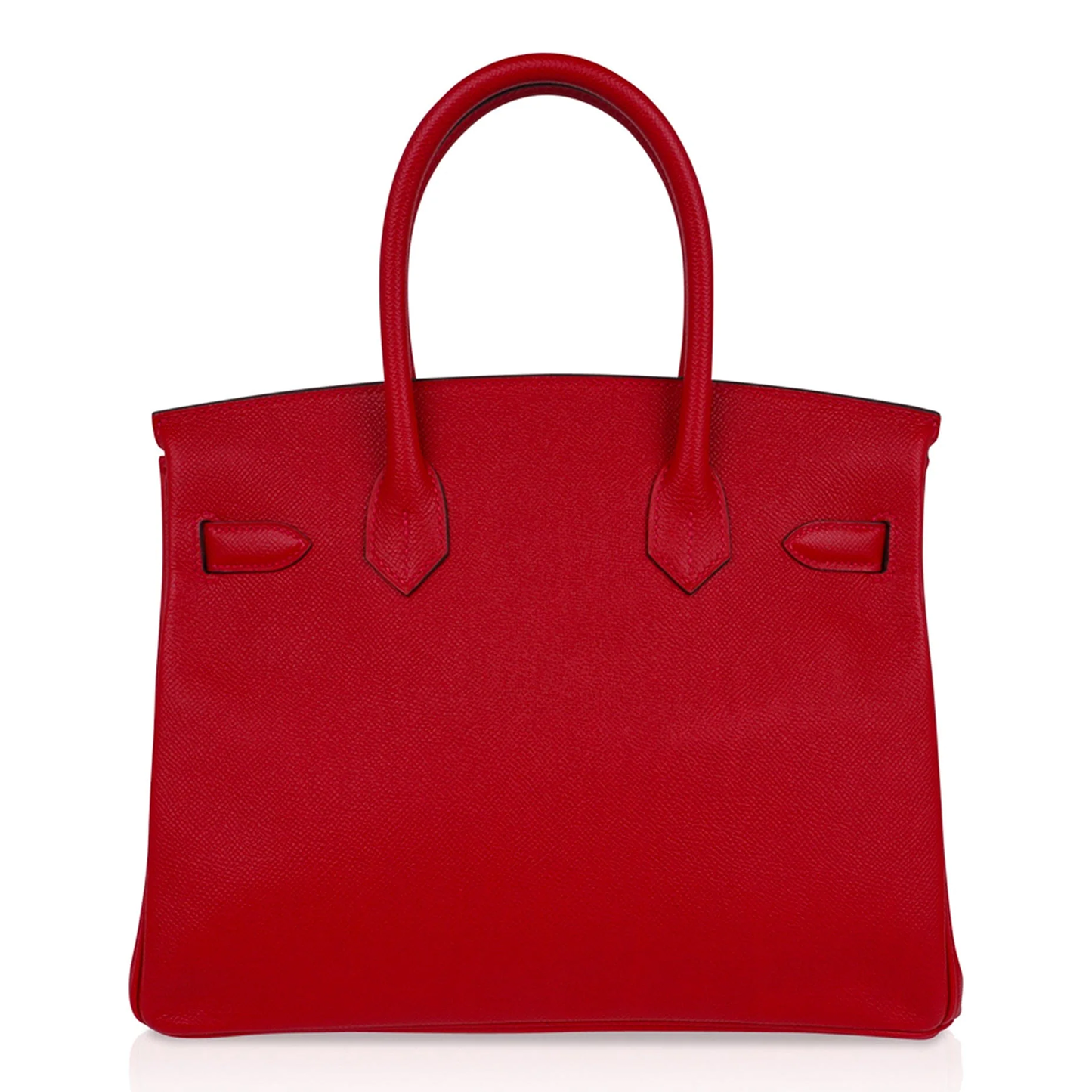 Vivid Saturated Scarlet Fine Compact Grain Medium Rigid Hand Tote With Sleek Silvery Twist Lock Hardware And Coordinating Scarlet Suspended Metal Padlock Charm