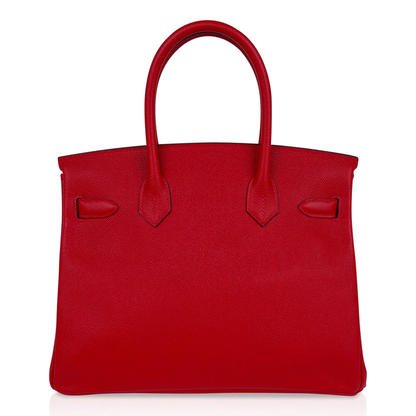 Vivid Saturated Scarlet Fine Compact Grain Medium Rigid Hand Tote With Sleek Silvery Twist Lock Hardware And Coordinating Scarlet Suspended Metal Padlock Charm