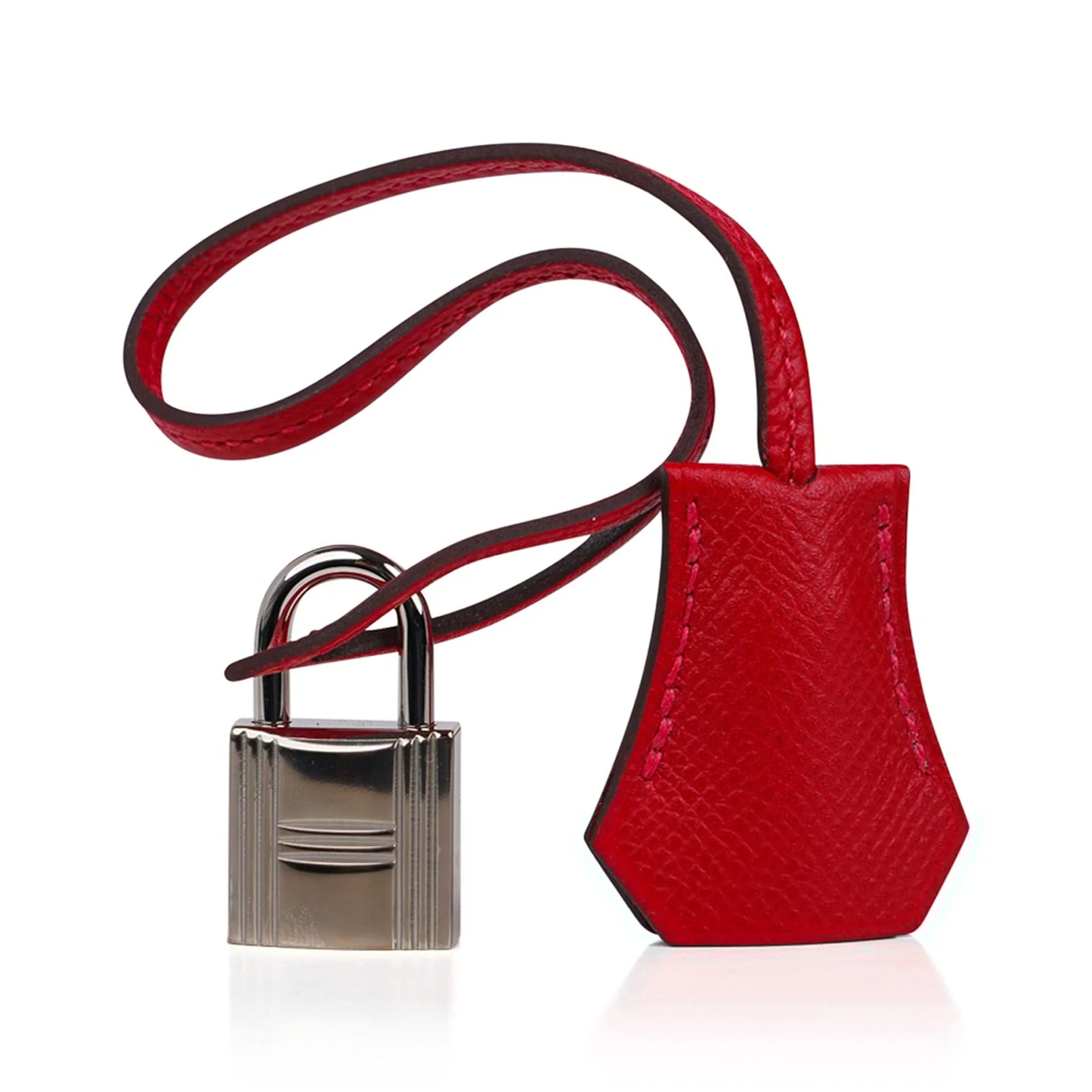 Vivid Saturated Scarlet Fine Compact Grain Medium Rigid Hand Tote With Sleek Silvery Twist Lock Hardware And Coordinating Scarlet Suspended Metal Padlock Charm