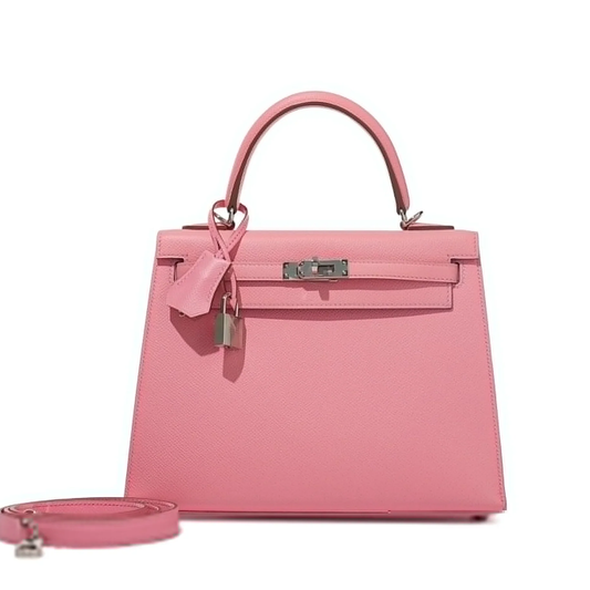 Soft Blush Bubblegum Pink Fine Tight Grain Compact Trapezoid Hand Tote With Sleek Silvery Twist Lock Hardware And Matching Pink Suspended Metal Padlock Charm
