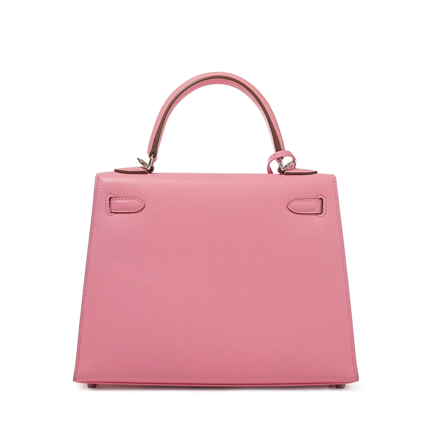 Soft Blush Bubblegum Pink Fine Tight Grain Compact Trapezoid Hand Tote With Sleek Silvery Twist Lock Hardware And Matching Pink Suspended Metal Padlock Charm
