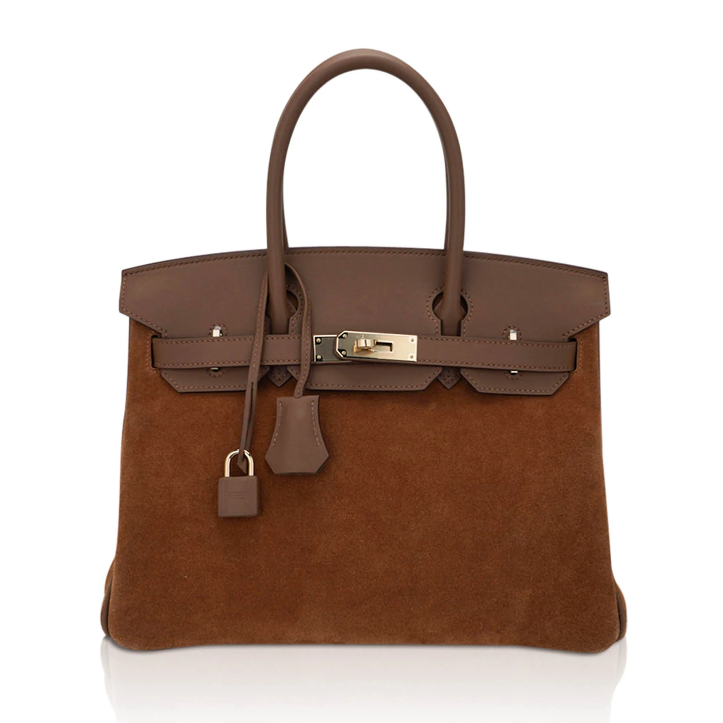 Rich Tawny Fuzzy Velvety Medium Dual-Tone Structured Hand Tote With Deep Taupe Trim, Glowing Golden Twist Lock Hardware And Matching Taupe Suspended Metal Padlock Charm
