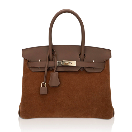 Rich Tawny Fuzzy Velvety Medium Dual-Tone Structured Hand Tote With Deep Taupe Trim, Glowing Golden Twist Lock Hardware And Matching Taupe Suspended Metal Padlock Charm