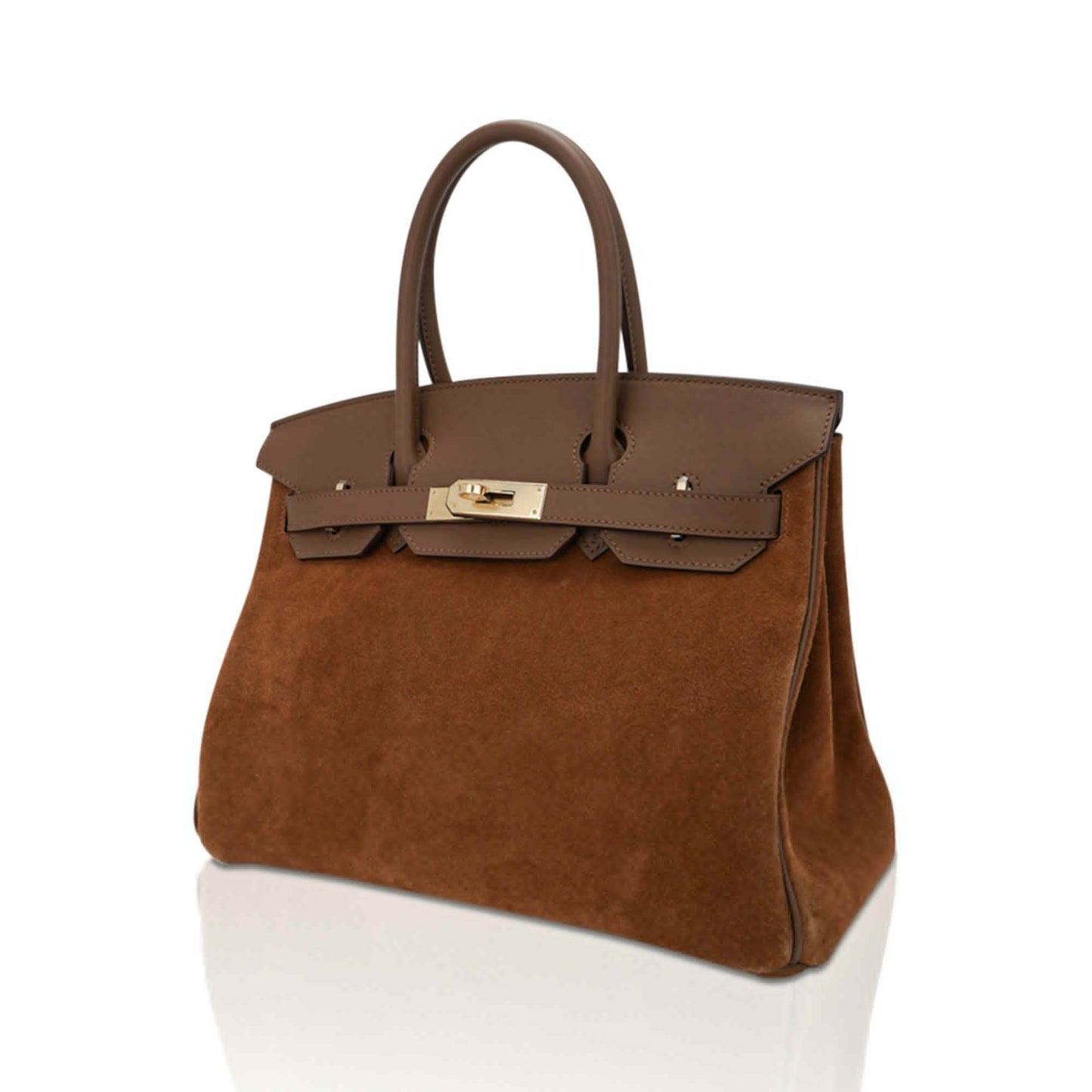 Rich Tawny Fuzzy Velvety Medium Dual-Tone Structured Hand Tote With Deep Taupe Trim, Glowing Golden Twist Lock Hardware And Matching Taupe Suspended Metal Padlock Charm