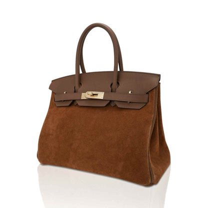 Rich Tawny Fuzzy Velvety Medium Dual-Tone Structured Hand Tote With Deep Taupe Trim, Glowing Golden Twist Lock Hardware And Matching Taupe Suspended Metal Padlock Charm