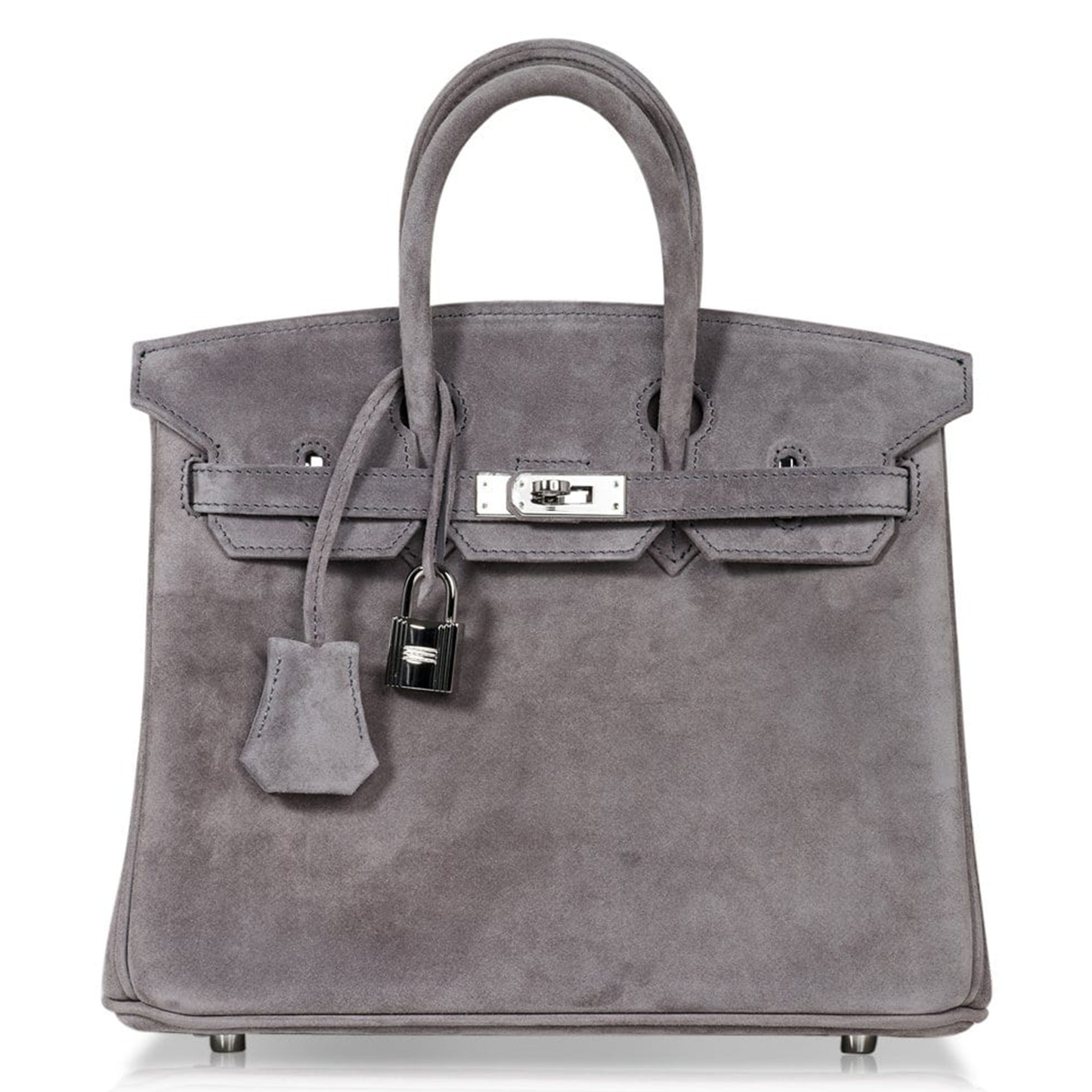 Soft Mist Ash Grey Smooth Matte Fuzzy Grain Compact Rigid Hand Tote With Mirror-Silver Twist Lock Hardware And Coordinating Grey Suspended Metal Padlock Charm