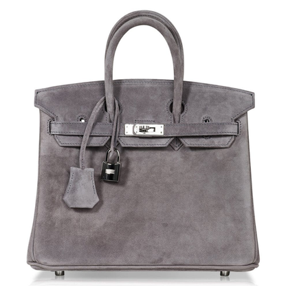 Soft Mist Ash Grey Smooth Matte Fuzzy Grain Compact Rigid Hand Tote With Mirror-Silver Twist Lock Hardware And Coordinating Grey Suspended Metal Padlock Charm
