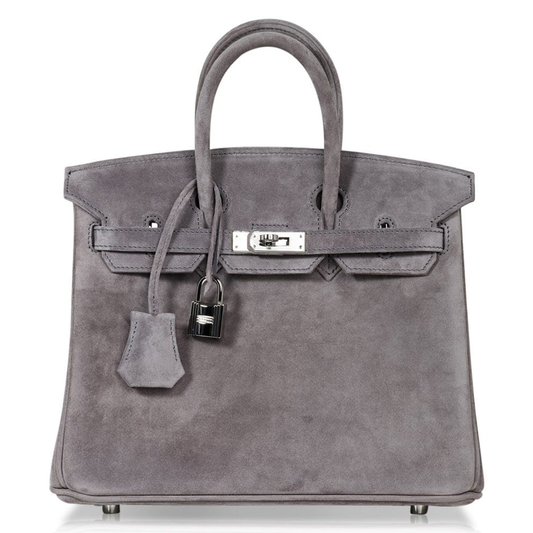 Soft Mist Ash Grey Smooth Matte Fuzzy Grain Compact Rigid Hand Tote With Mirror-Silver Twist Lock Hardware And Coordinating Grey Suspended Metal Padlock Charm