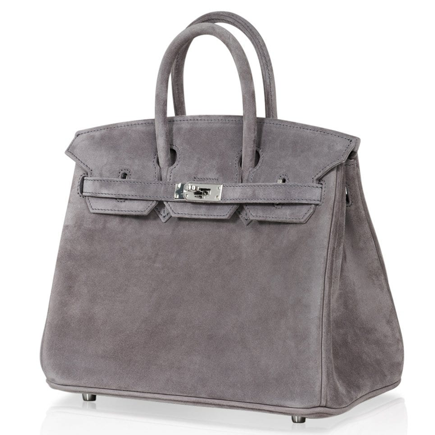 Soft Mist Ash Grey Smooth Matte Fuzzy Grain Compact Rigid Hand Tote With Mirror-Silver Twist Lock Hardware And Coordinating Grey Suspended Metal Padlock Charm