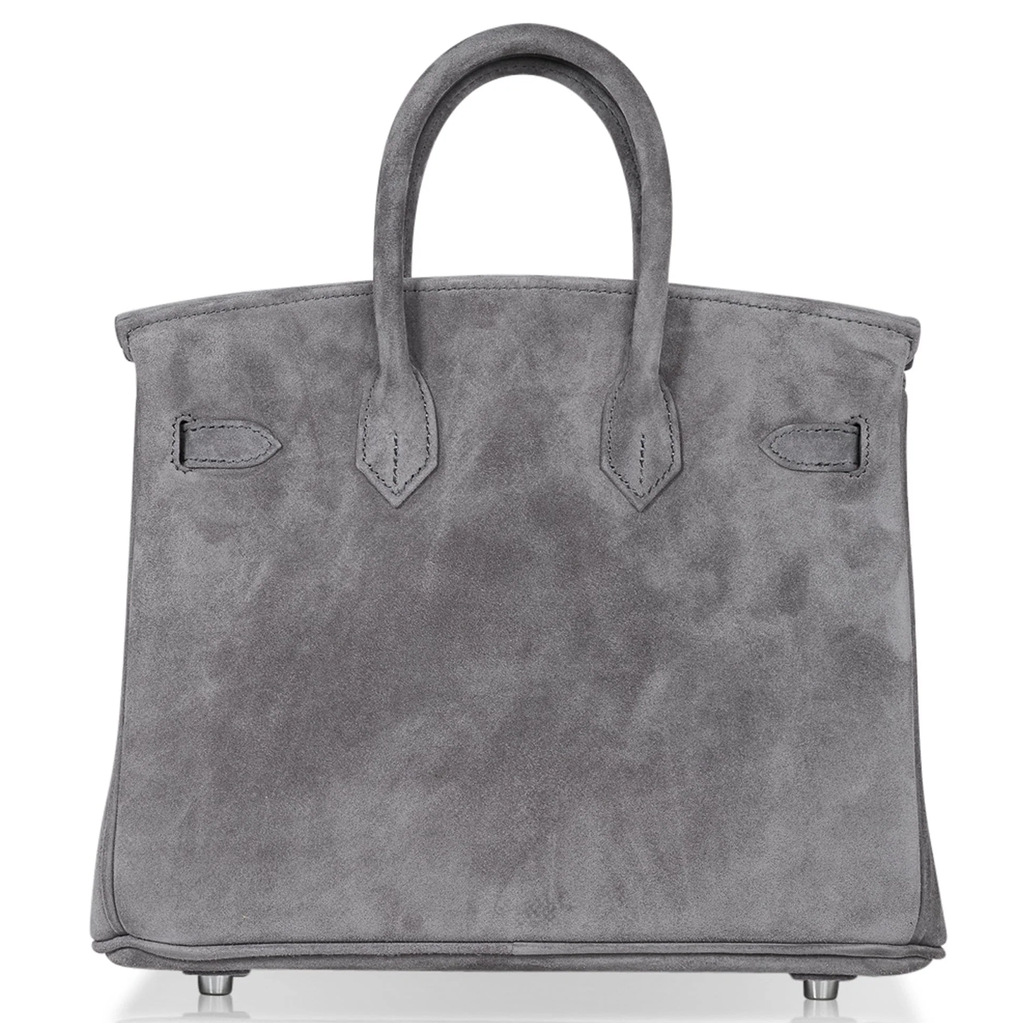 Soft Mist Ash Grey Smooth Matte Fuzzy Grain Compact Rigid Hand Tote With Mirror-Silver Twist Lock Hardware And Coordinating Grey Suspended Metal Padlock Charm