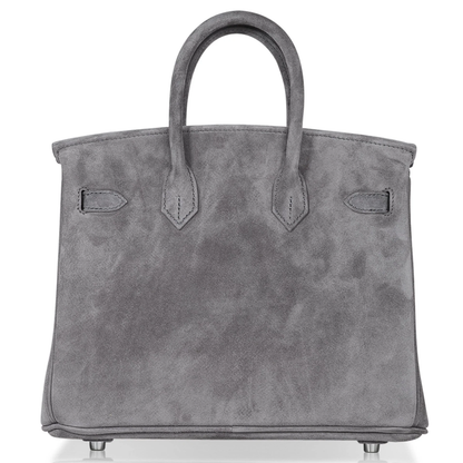 Soft Mist Ash Grey Smooth Matte Fuzzy Grain Compact Rigid Hand Tote With Mirror-Silver Twist Lock Hardware And Coordinating Grey Suspended Metal Padlock Charm