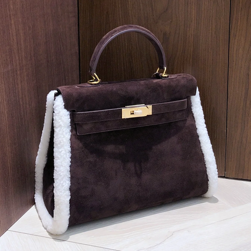Deep Espresso Velvety Compact Trapezoid Hand Tote With Creamy White Curly Side Trim And Luminous Golden Twist Lock Hardware Fixtures